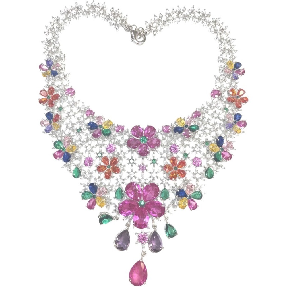 Multicolor Floral Cubic Zirconia Statement Bib Necklace Silver Tone Wedding Gem